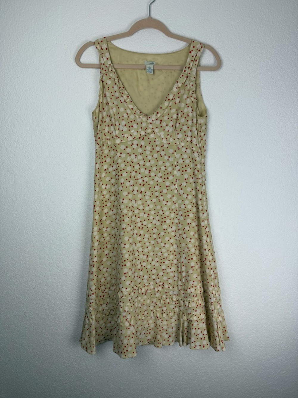 Odille Vintage Silk Midi Dress Sheath A Line Polka Dot Floral Yellow Red 6